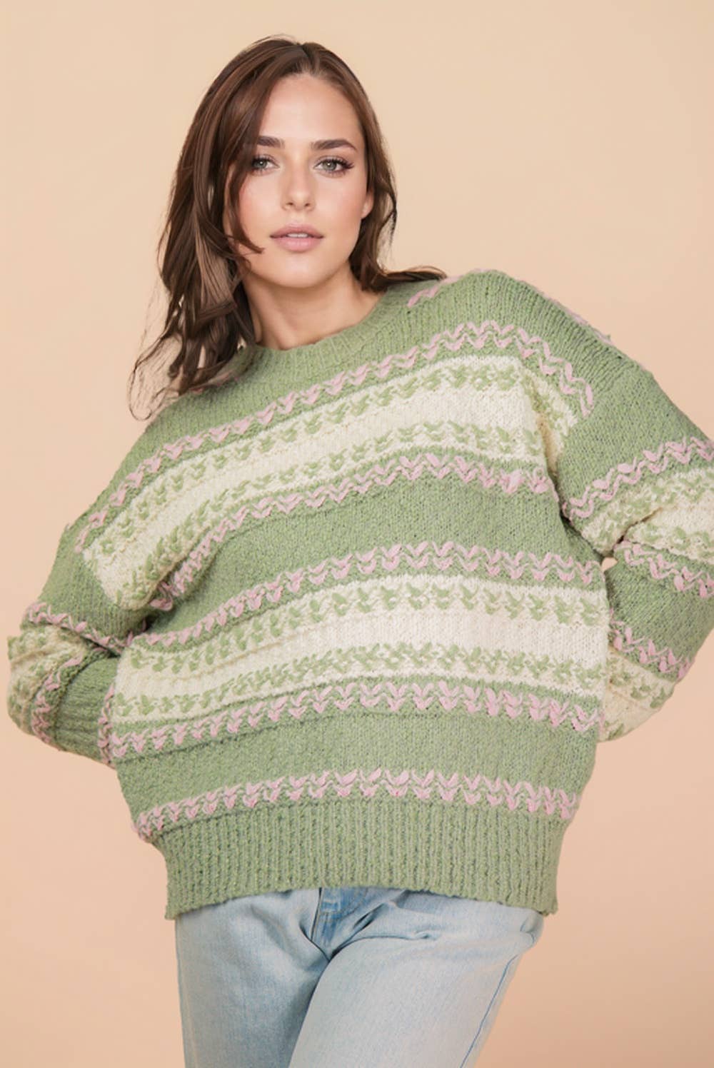 Color Block Fuzzy Knit Sweater Top: SAGE MIX - Mercantile213
