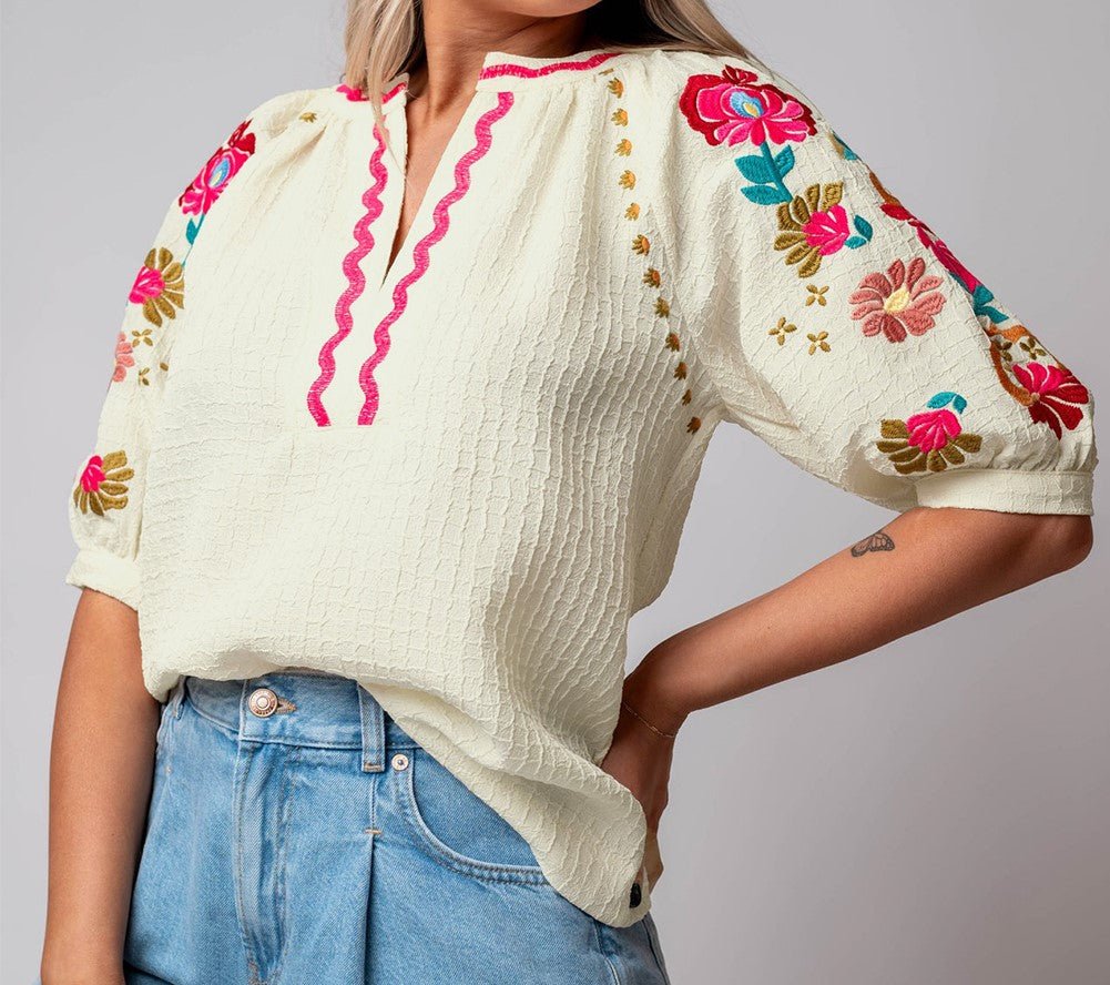 Cream Floral Embroidered Ricrac Blouse - Mercantile213