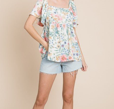 Cream Floral Square Neck Top - Mercantile213