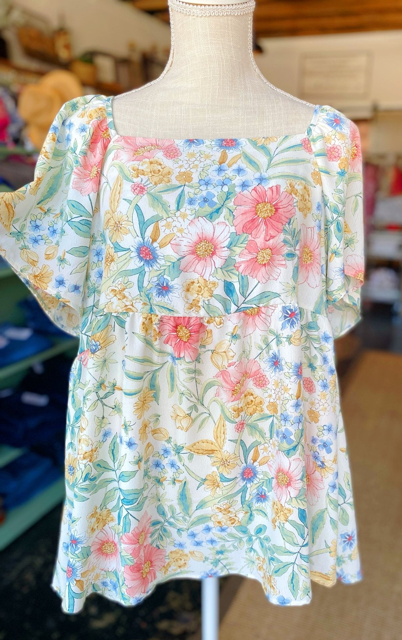 Cream Floral Square Neck Top - Mercantile213