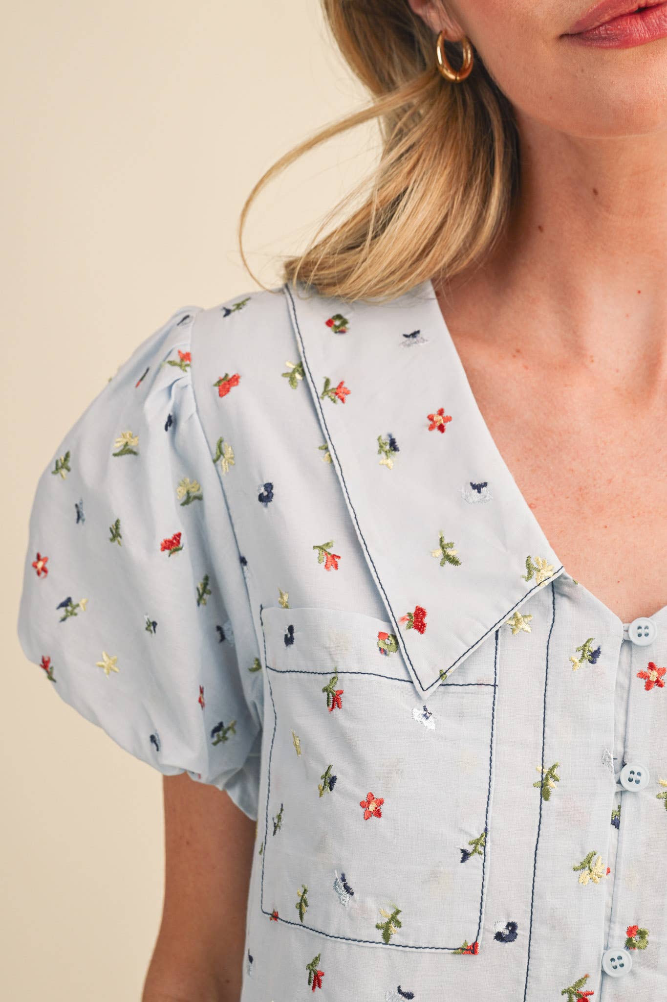 Blue Embroidered Bubble Sleeve Top