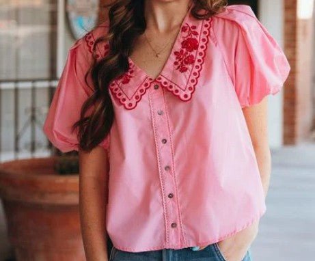 Dainty Pink Embroidered Collar Top - Mercantile213