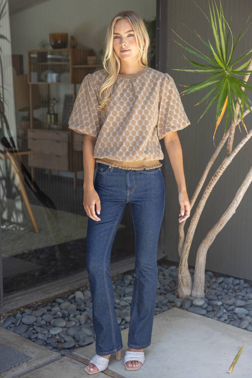 Mocha Banded Bubble Sleeve Top