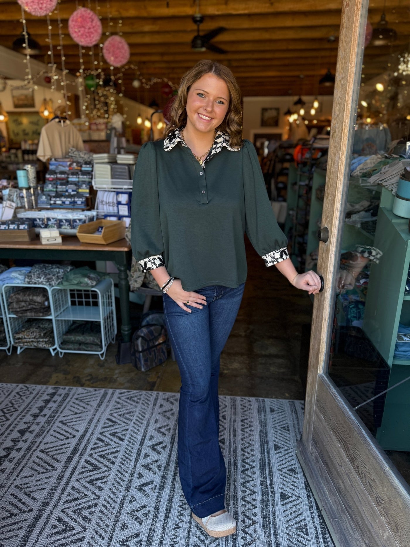 Dk Green Blouse w/Embroidered Collar - Mercantile213