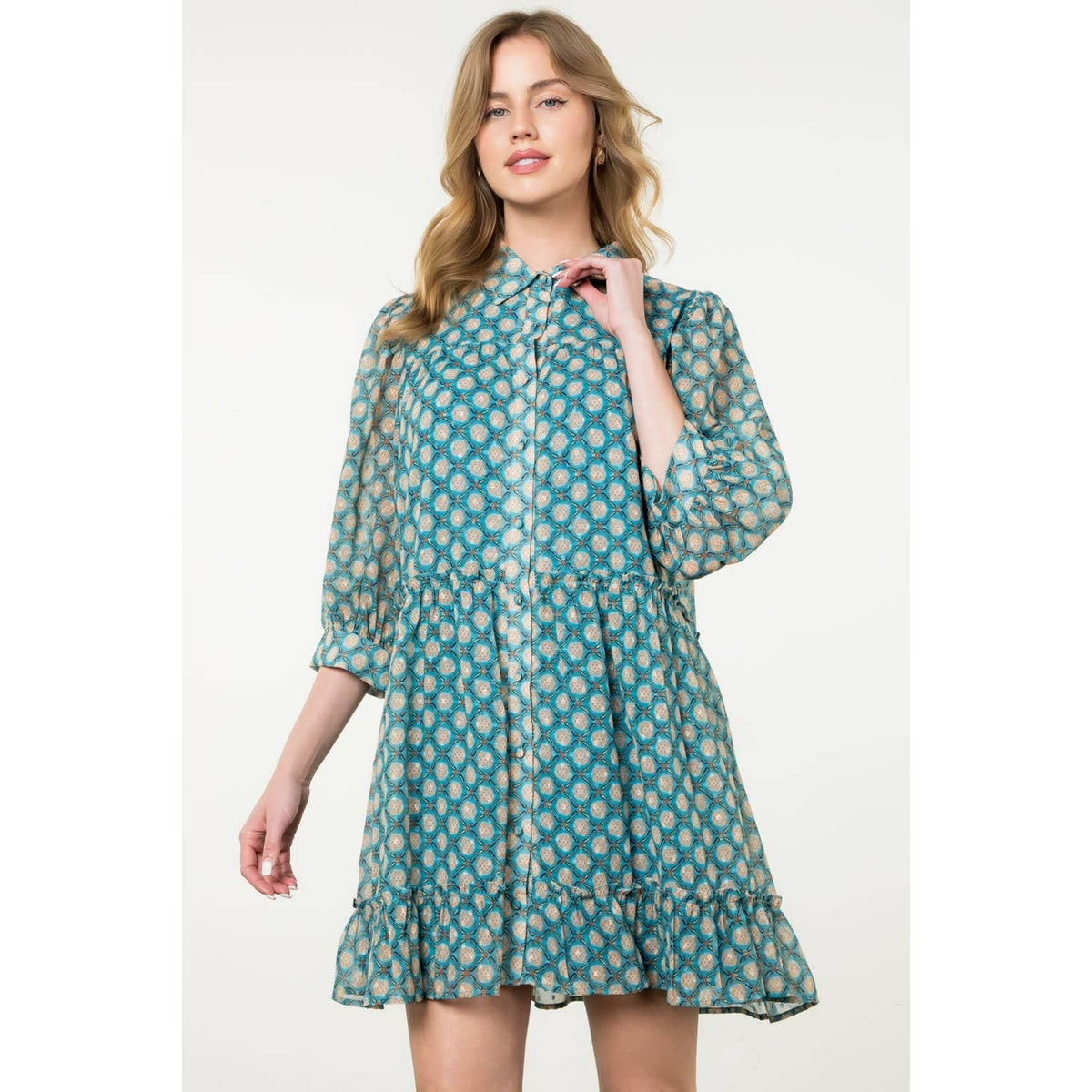 Teal Sheer Printed Ruffle Hem Button Dress