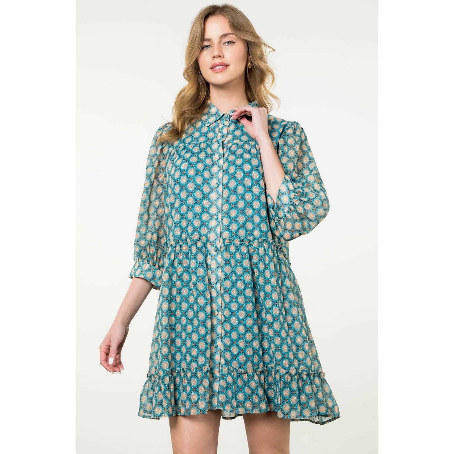 Teal Sheer Printed Ruffle Hem Button Dress