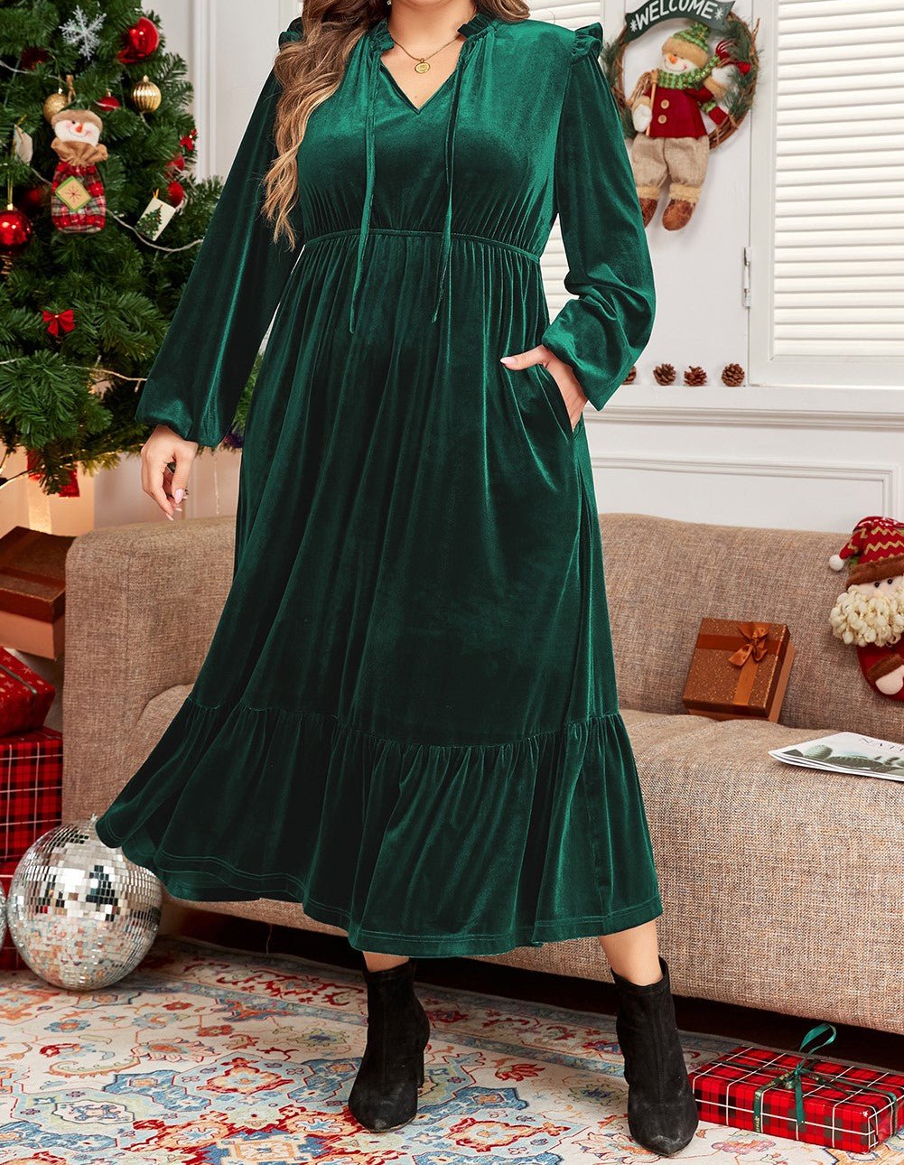 Evergreen Velvet Tie Neck Maxi Dress - Mercantile213