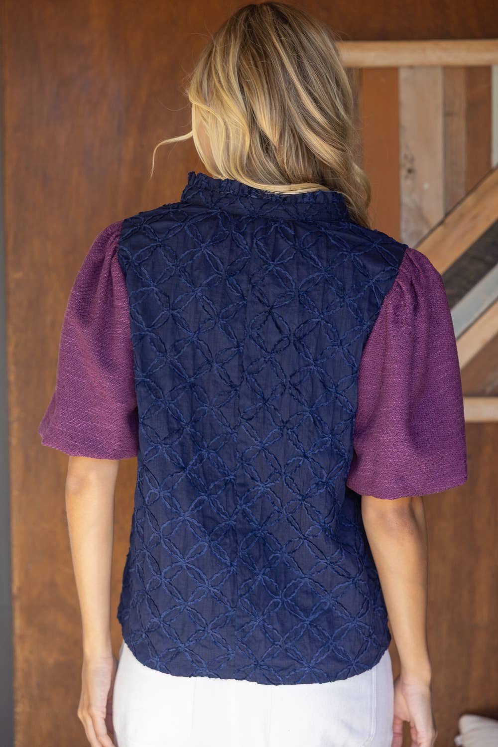 Navy Bubble Sleeve Blouse