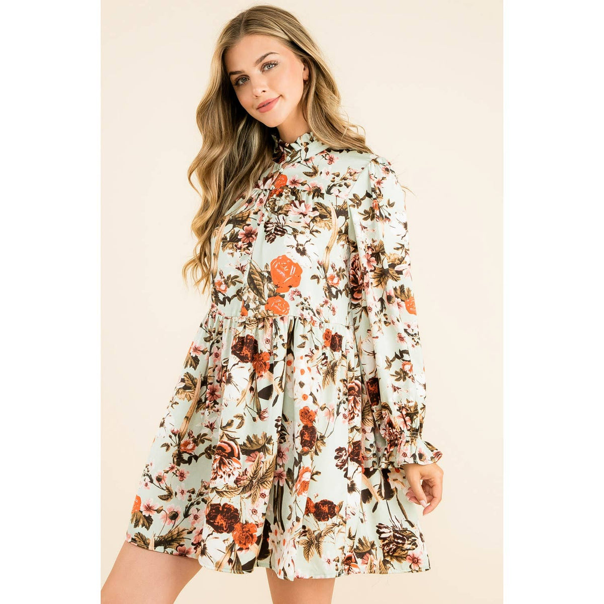 Mint Floral Print Button Up Dress
