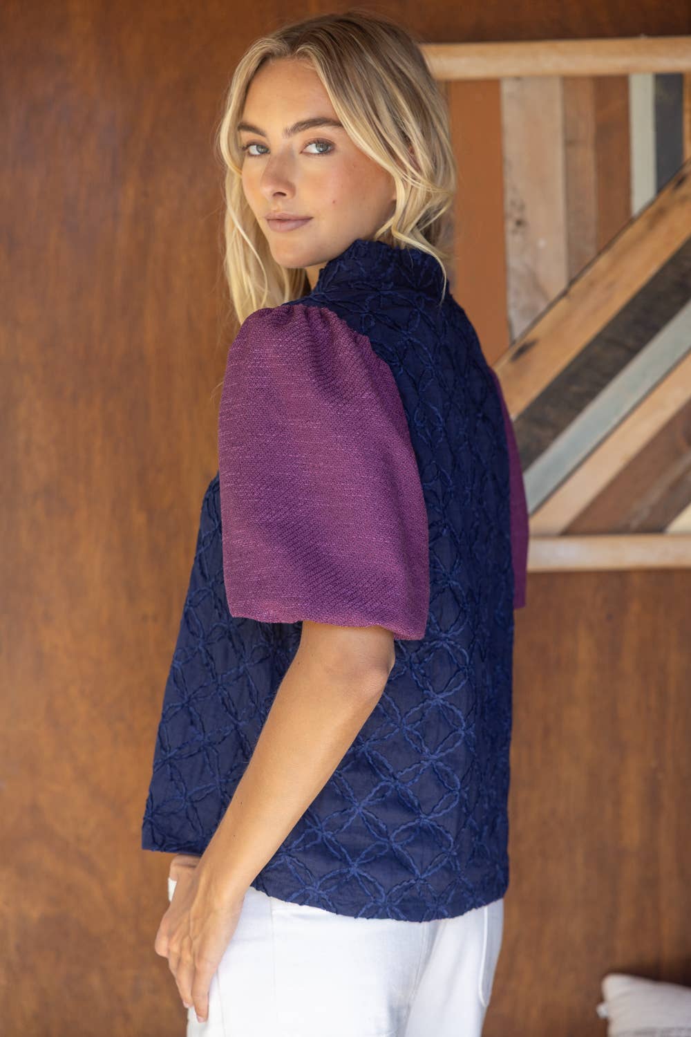 Navy Bubble Sleeve Blouse
