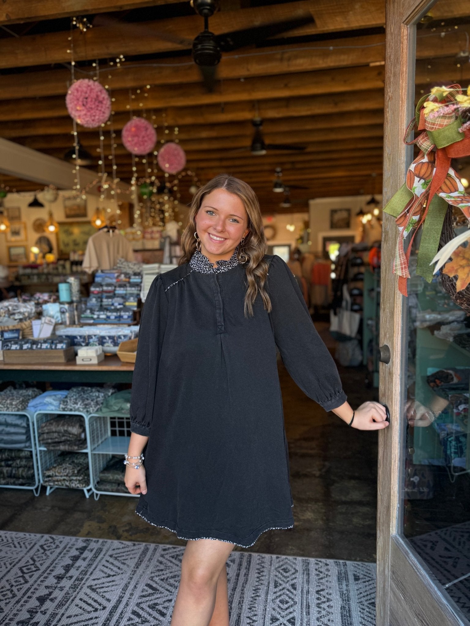 French Terry Balloon Sleeve Shift Dress - Black - Mercantile213