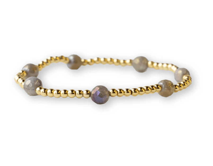 Gilded Gold Beaded Stretch Bracelet - Dot, Labrodorite - Mercantile213