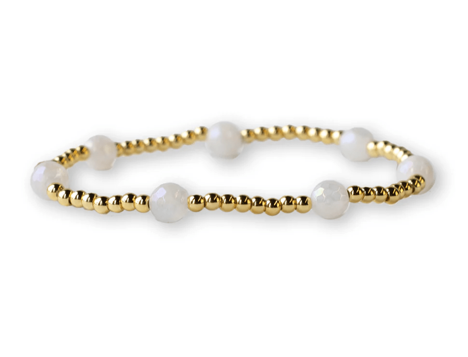 Gilded Gold Beaded Stretch Bracelet - Dot, White Jade - Mercantile213