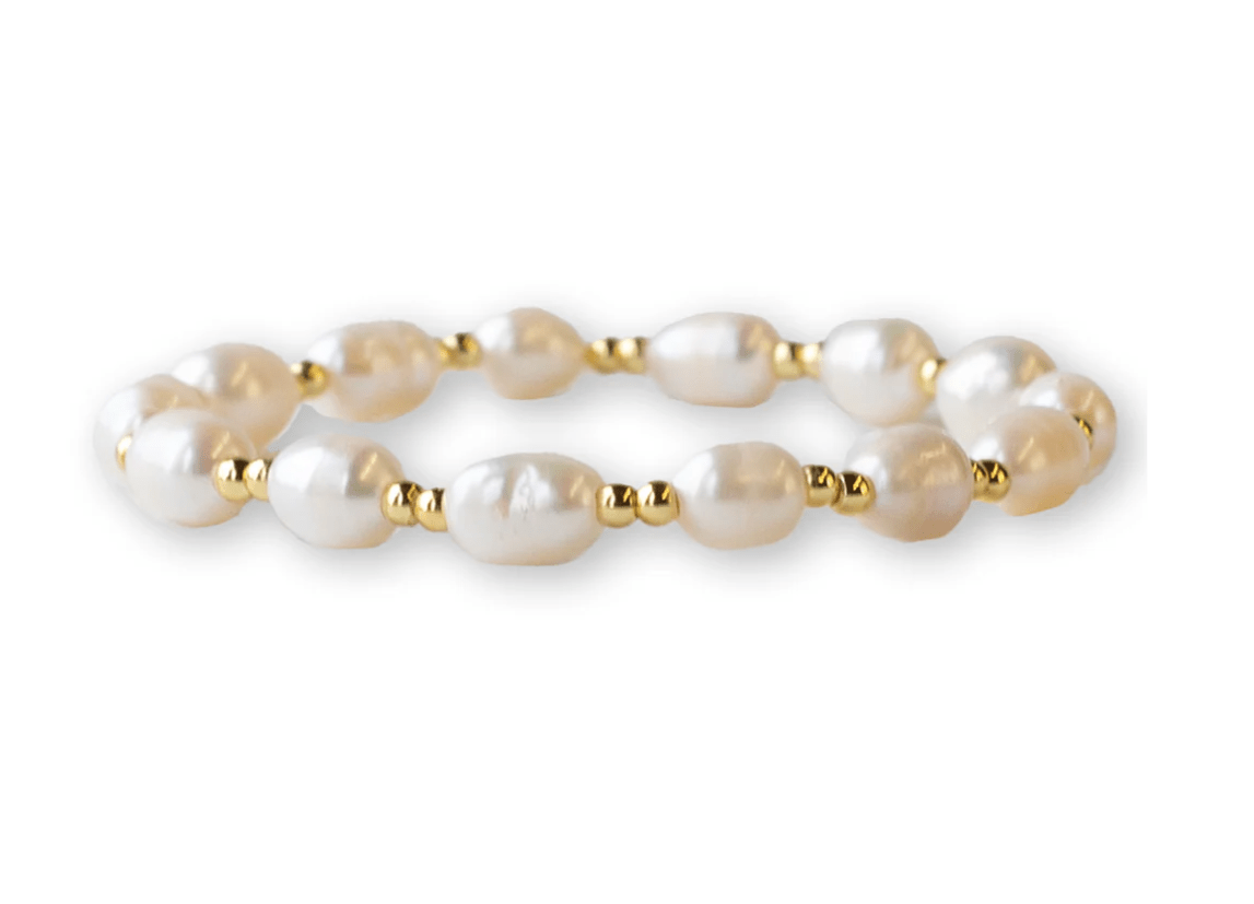 Gilded Gold Beaded Stretch Bracelet - Duo, Pearl - Mercantile213