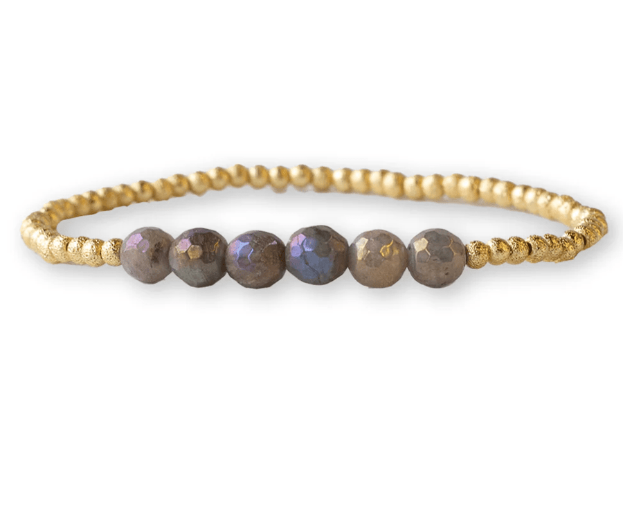 Gilded Gold Beaded Stretch Bracelet - Row, Labradorite - Mercantile213