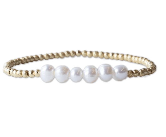 Gilded Gold Beaded Stretch Bracelet - Row, Pearl - Mercantile213