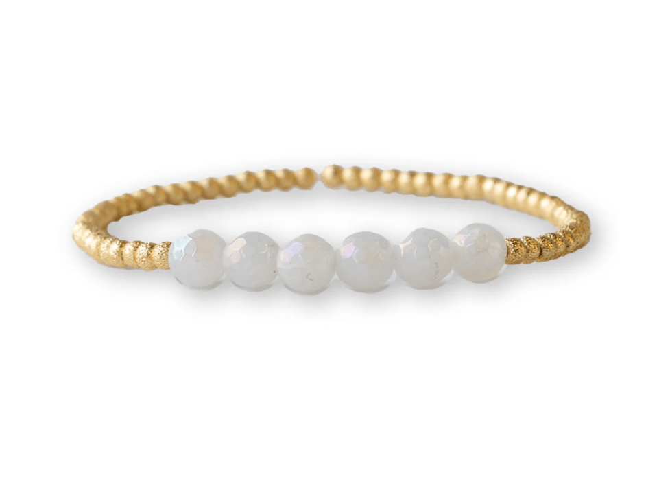 Gilded Gold Beaded Stretch Bracelet - Row, White Jade - Mercantile213