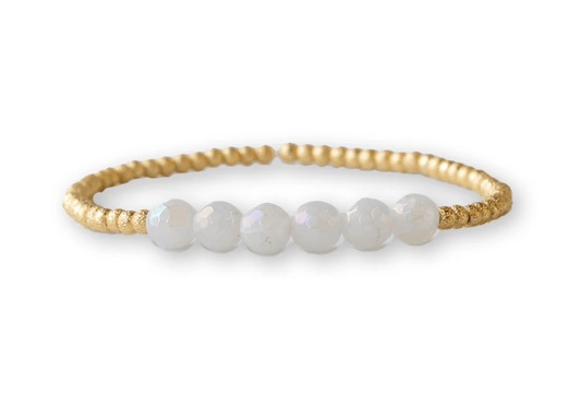 Gilded Gold Beaded Stretch Bracelet - Row, White Jade - Mercantile213