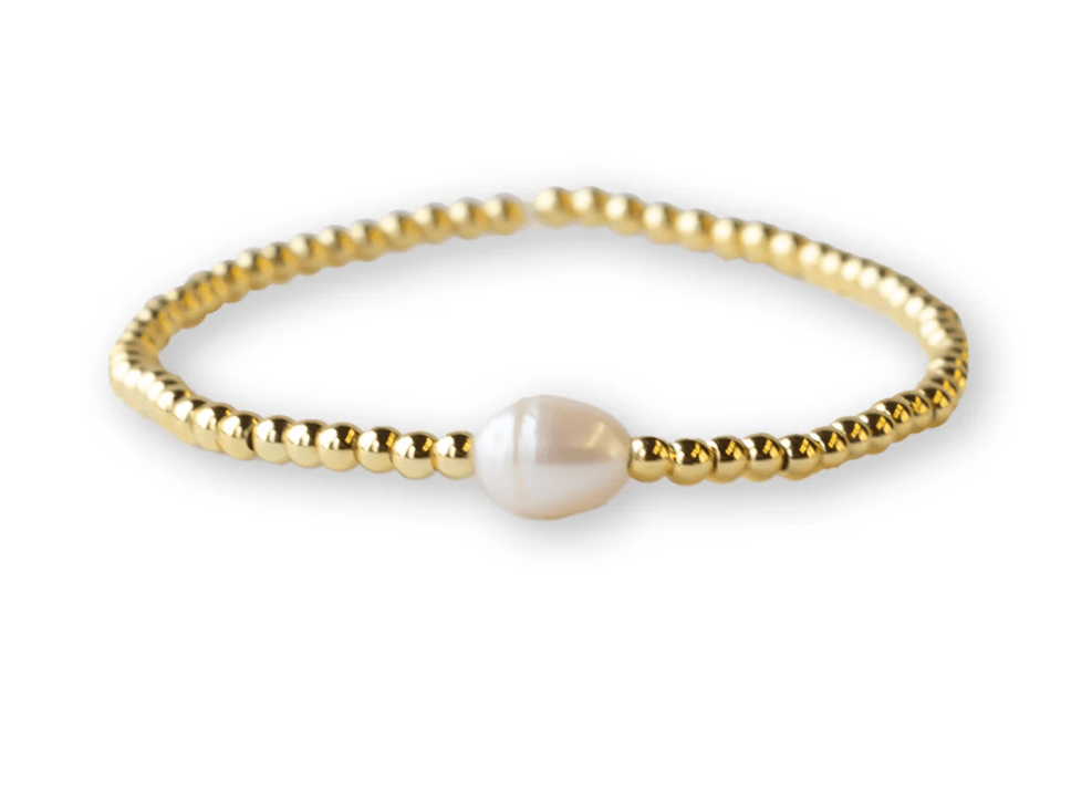 Gilded Gold Beaded Stretch Bracelet - Uno, Pearl - Mercantile213