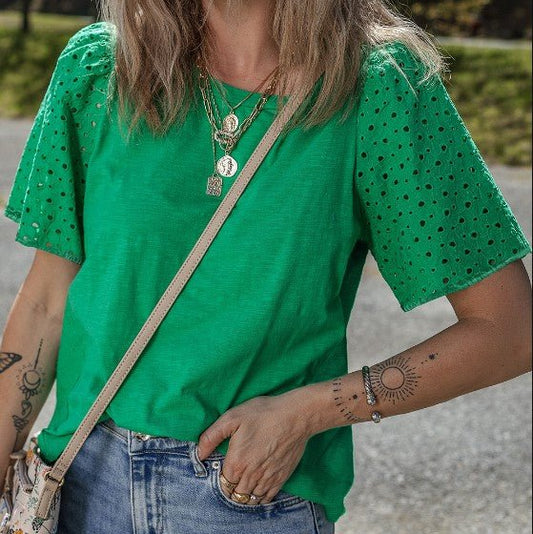 Green Eyelet Embroidered Sleeve Top - Mercantile213