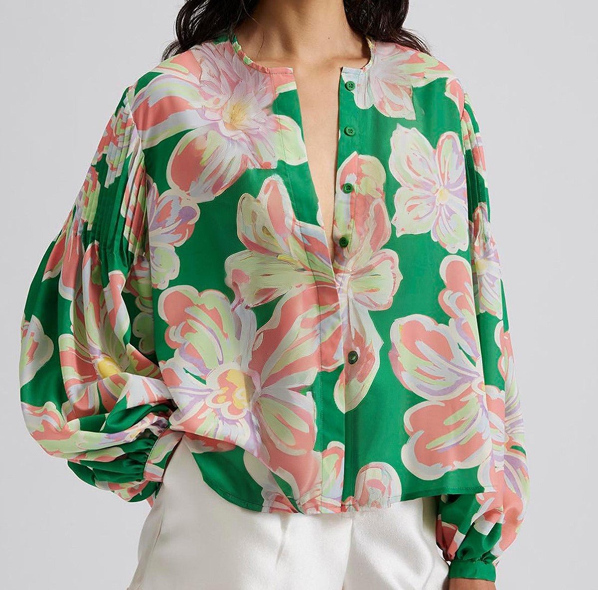 Green Floral Button Up Blouse - Mercantile213