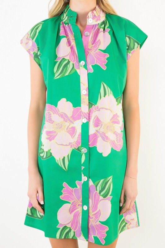 Green Floral Button Up Mini Dress - Mercantile213