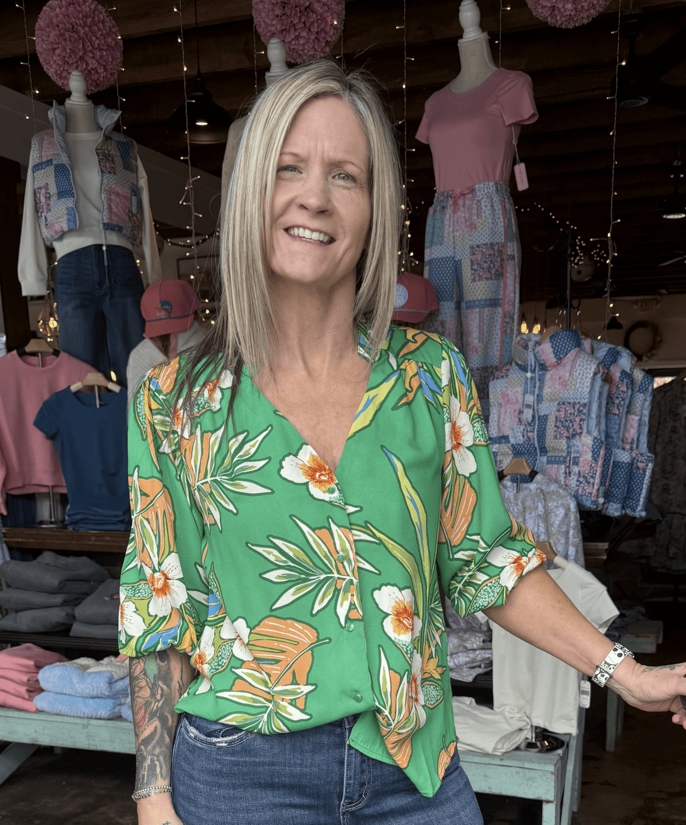 Green Floral Printed Ruffle Sleeve Blouse - Mercantile213