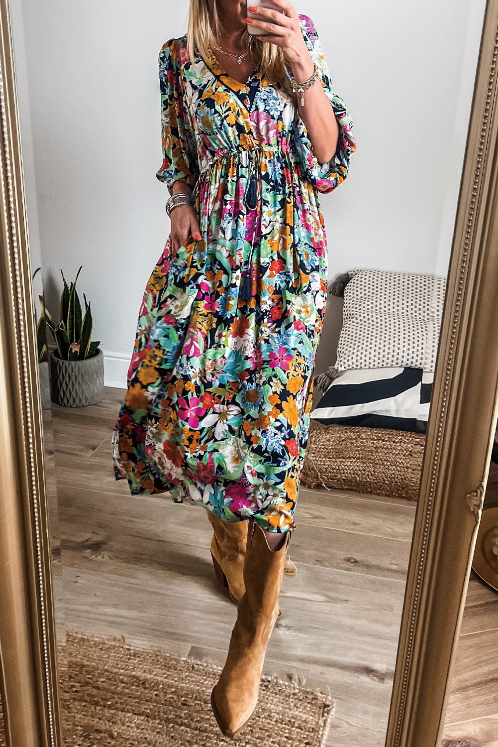 Green Floral Puff Sleeve Dress - Mercantile213