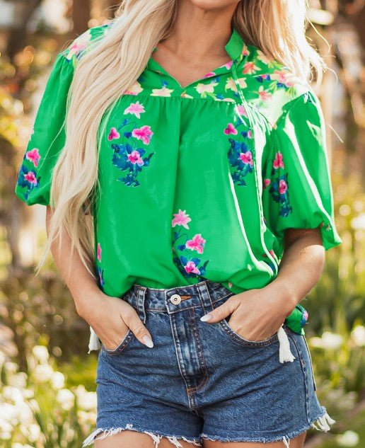 Green Floral Split Neck Blouse - Mercantile213