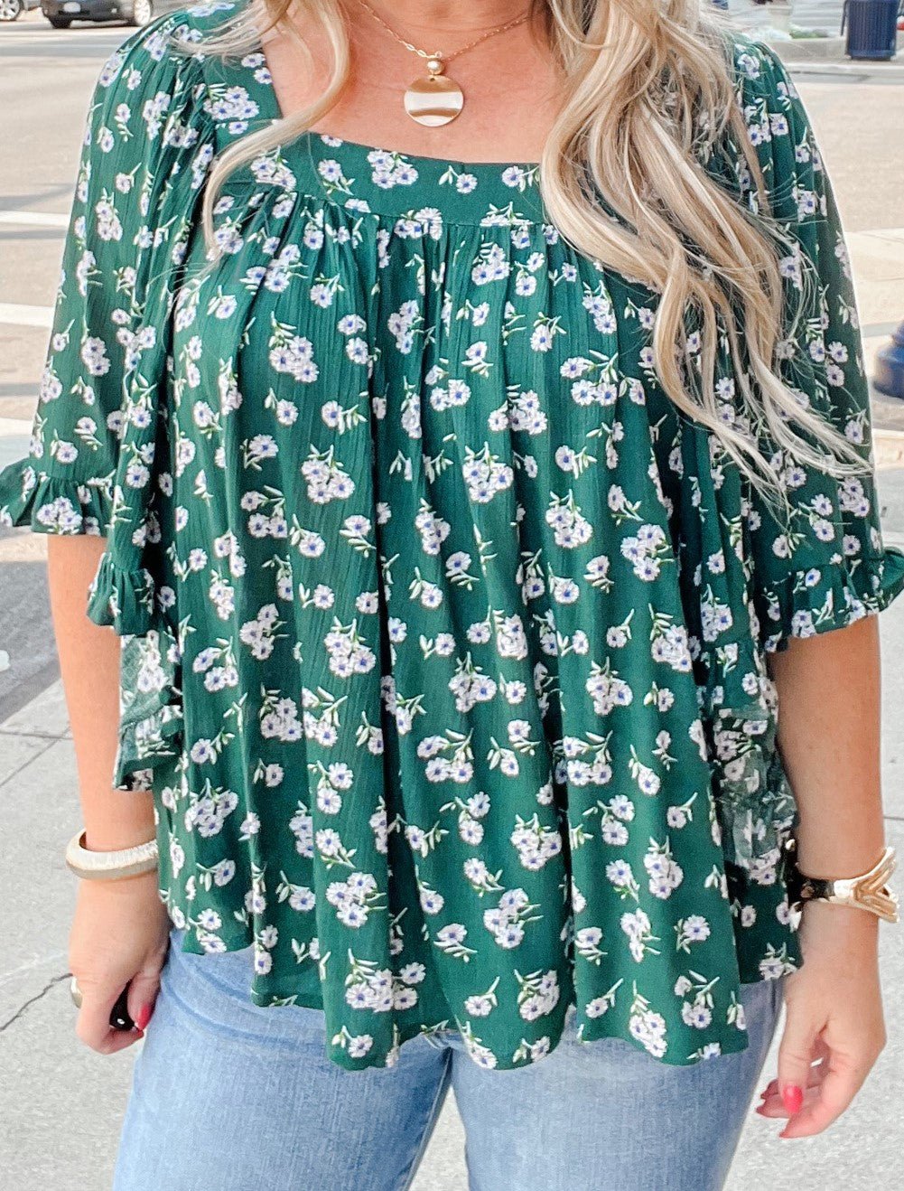 Green Floral Square Neck Top - Mercantile213