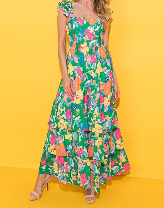 Green Floral Tiered Maxi Dress - Mercantile213