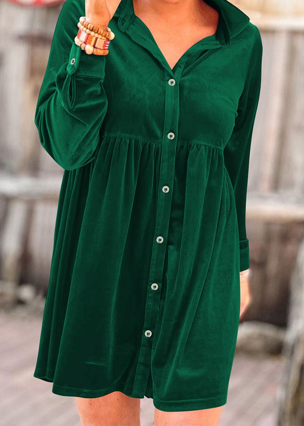 Green Velvet Button Up Dress - Mercantile213