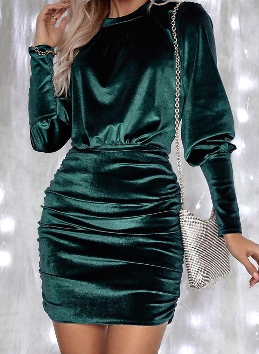 Velvet Puff Sleeve Ruched Bodycon Dress - Sunny Angela Green / S Velvet Puff Sleeve Ruched Bodycon Dress - Sunny Angela Green / S