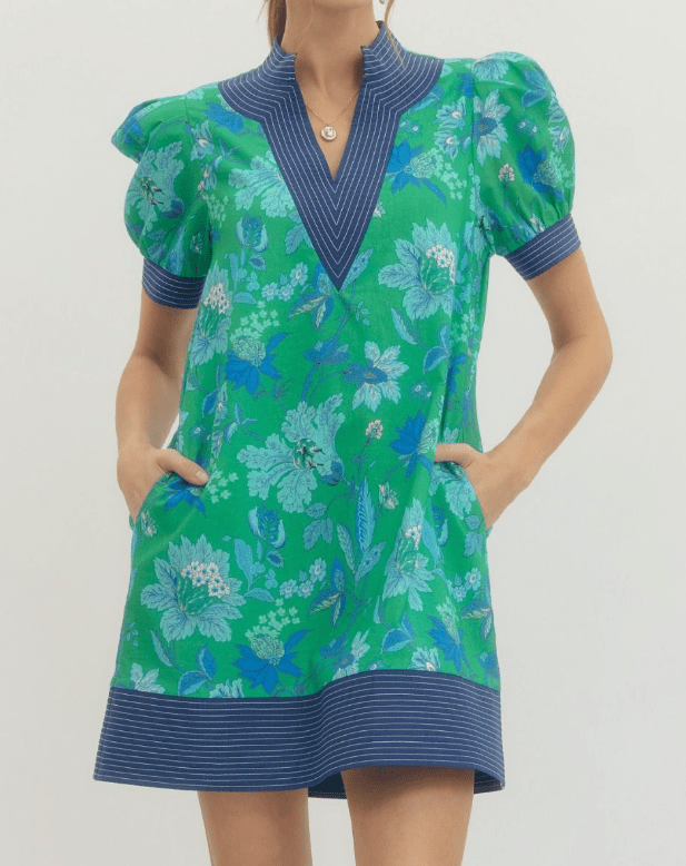 Green/Blue Floral Print Mini Dress - Mercantile213