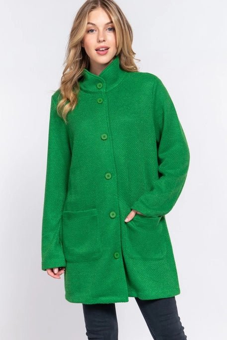 High Neck Button Down Coat - Green - Mercantile213