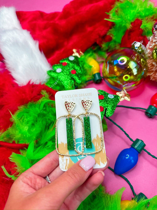 Holiday Rectangle Stick Hoops: Green Glitter - Mercantile213