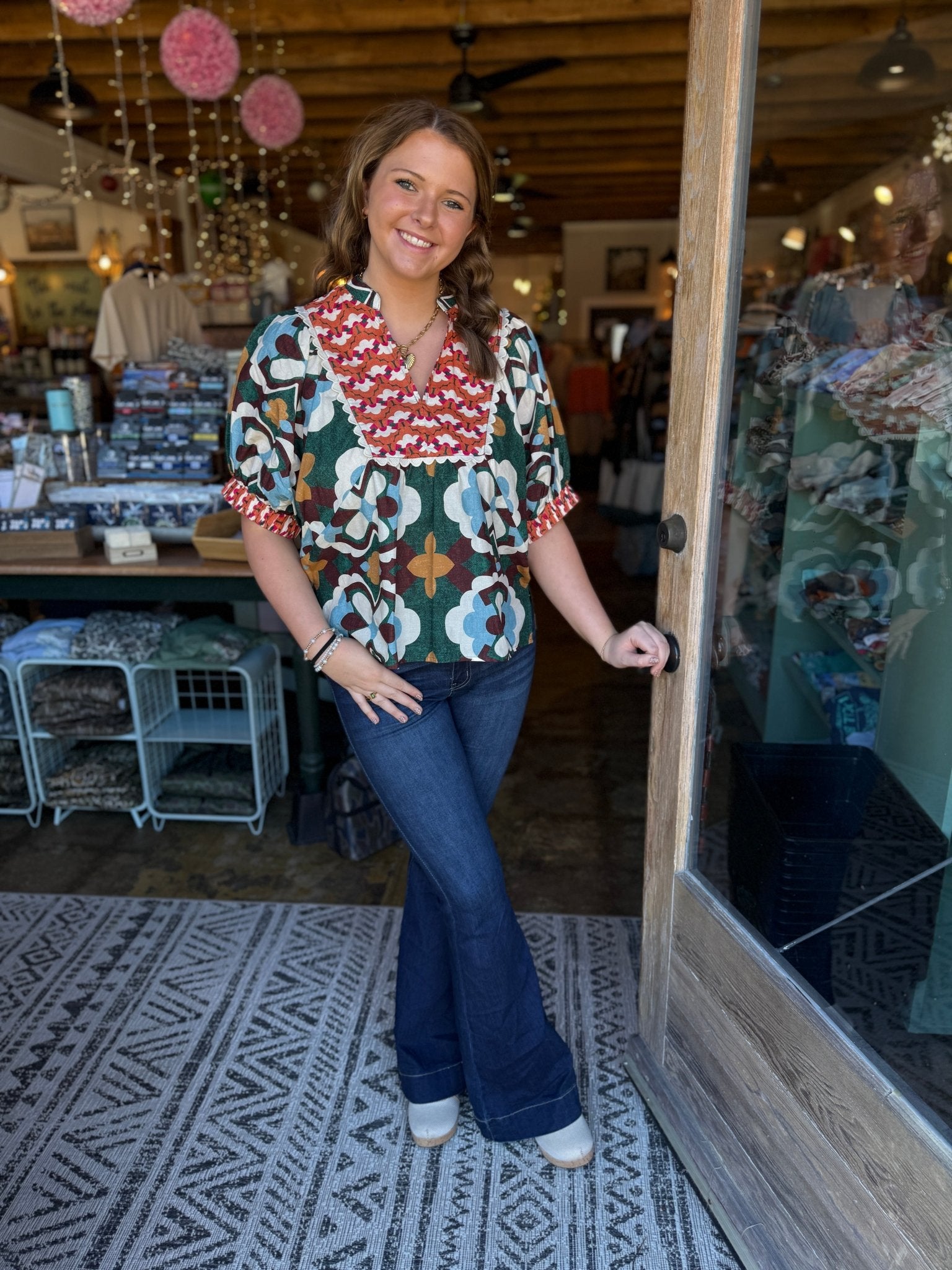 Hunter Green Geo Print Blouse - Mercantile213