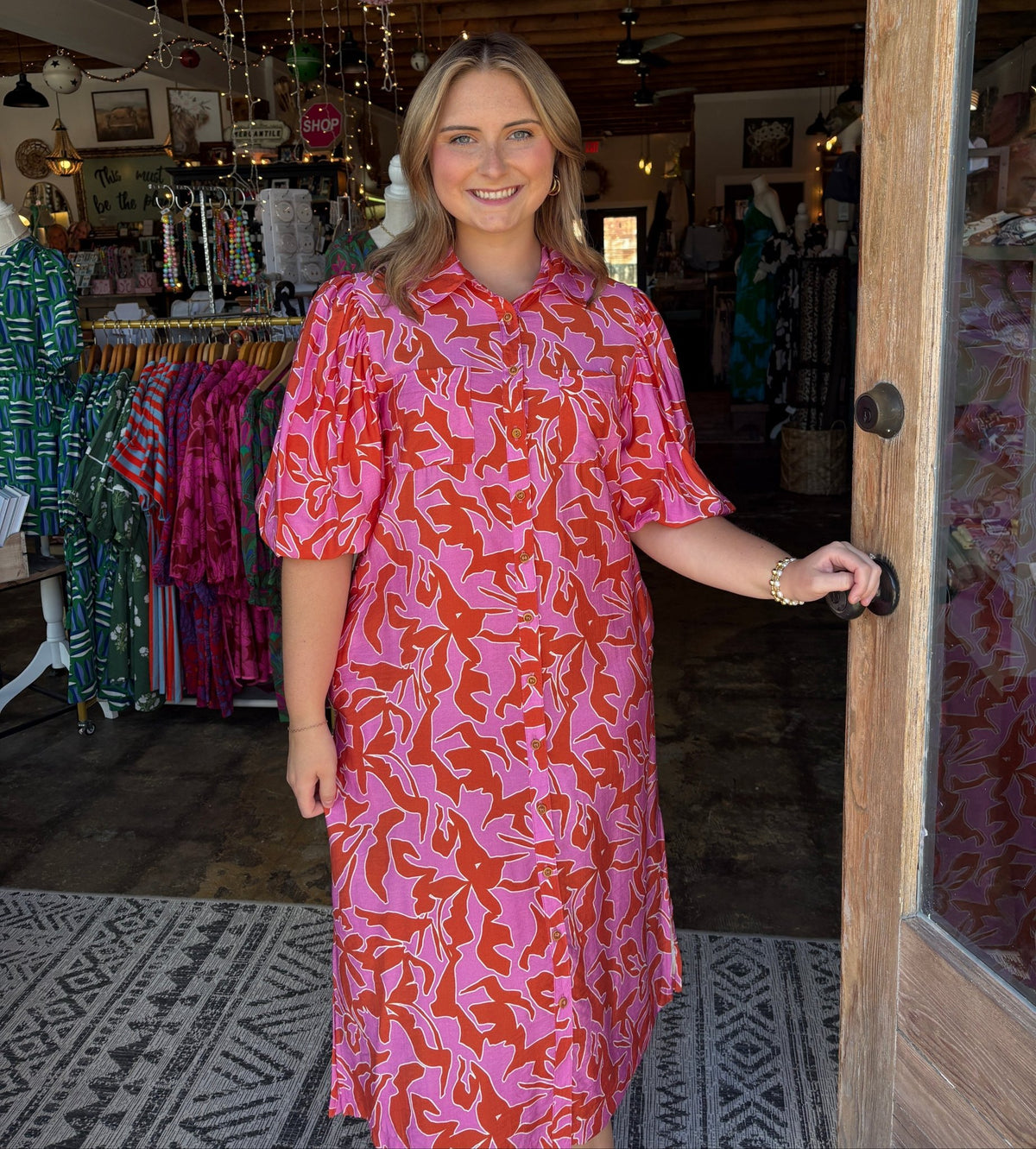 Ivy Jane Uncle Frank Pink Pouf Sleeve Shirt Dress - Mercantile213