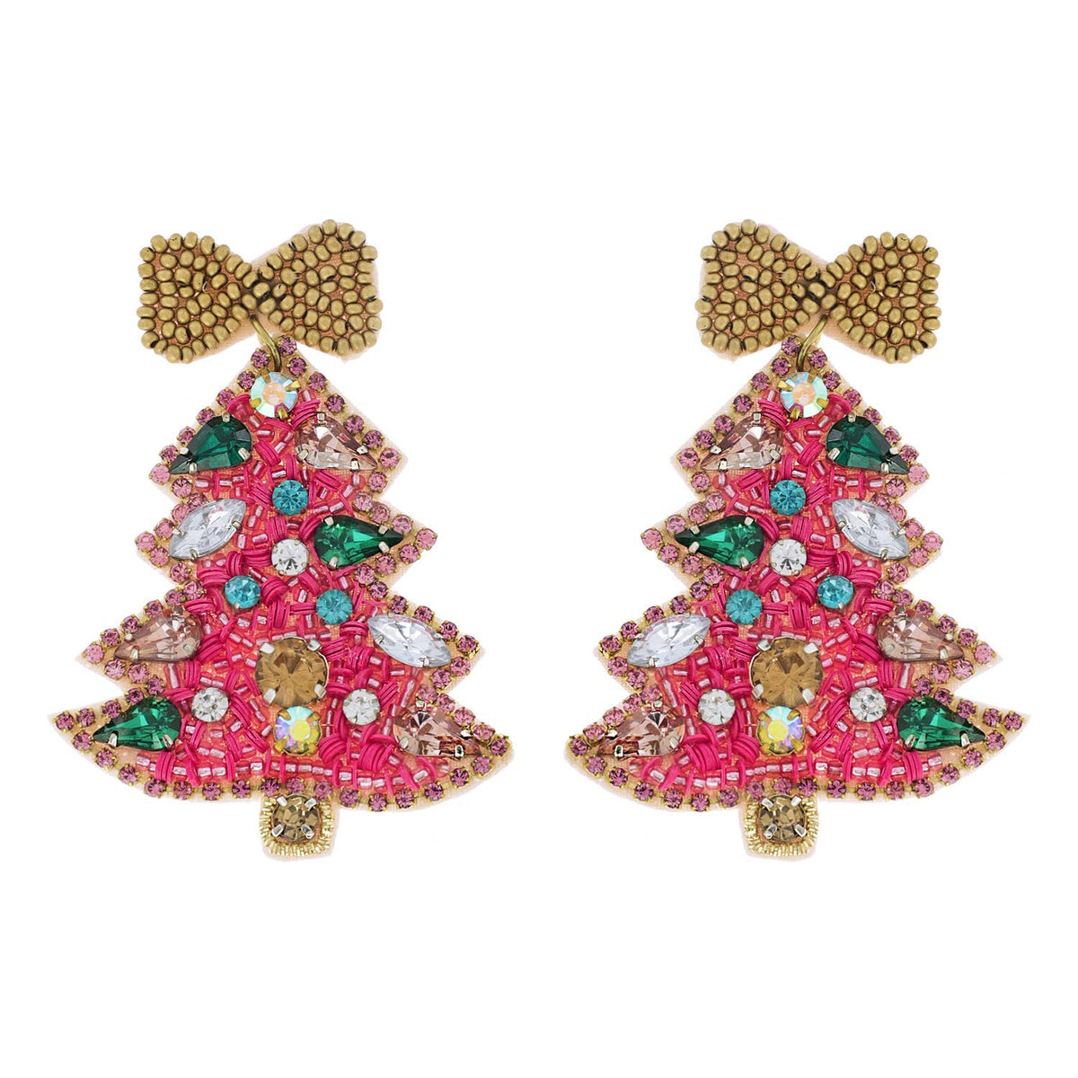 Jeweled Christmas Tree Earrings- Pink - Mercantile213