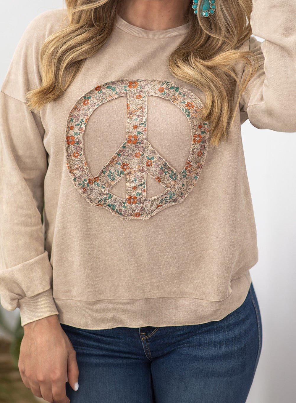 Khaki Floral Peace Sign Sweatshirt - Mercantile213