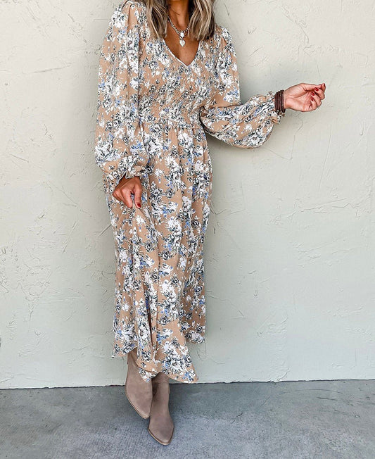 Khaki Floral Smocked Dress - Mercantile213