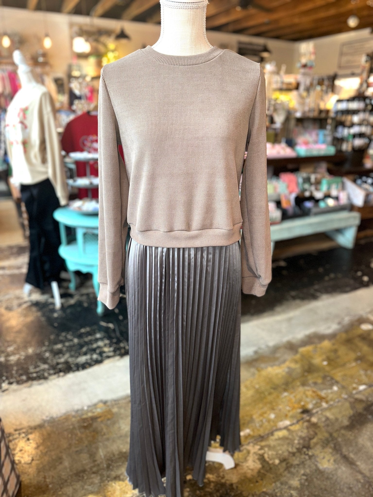 Khaki Gray Faux 2pc Sweater/Pleated Skirt Dress - Mercantile213