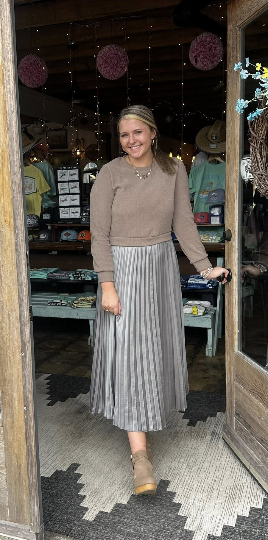 Khaki Gray Faux 2pc Sweater/Pleated Skirt Dress - Mercantile213