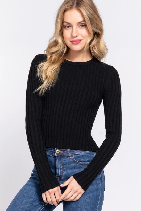 LS Crew Neck Rib Knit Sweater - Black - Mercantile213