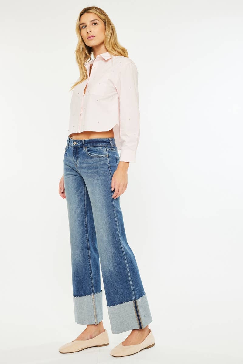 Mid Rise Wide Flare Cuffed Jeans - KC78033D - Mercantile213