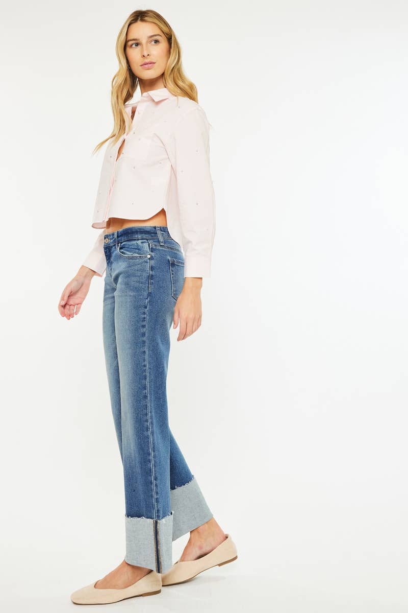 Mid Rise Wide Flare Cuffed Jeans - KC78033D - Mercantile213