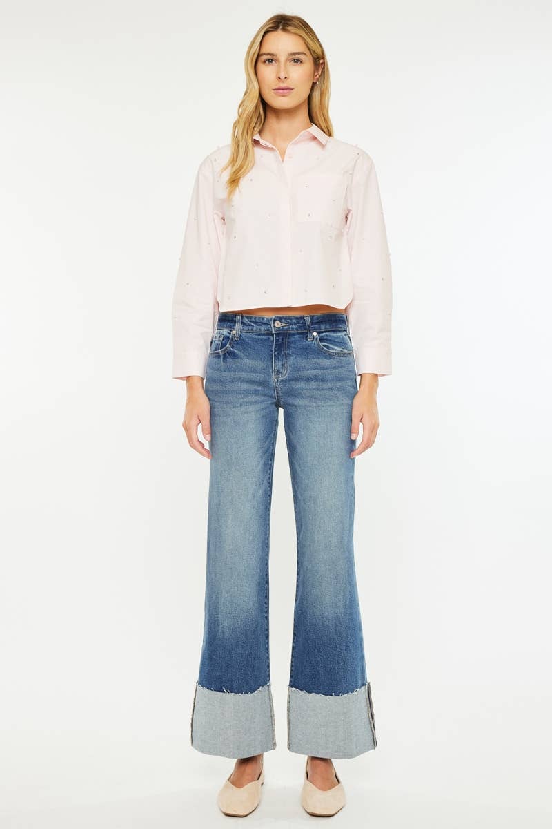 Mid Rise Wide Flare Cuffed Jeans - KC78033D - Mercantile213