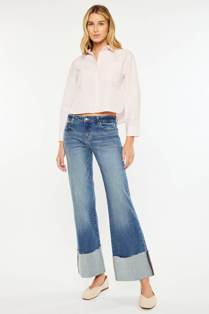 Mid Rise Wide Flare Cuffed Jeans - KC78033D - Mercantile213