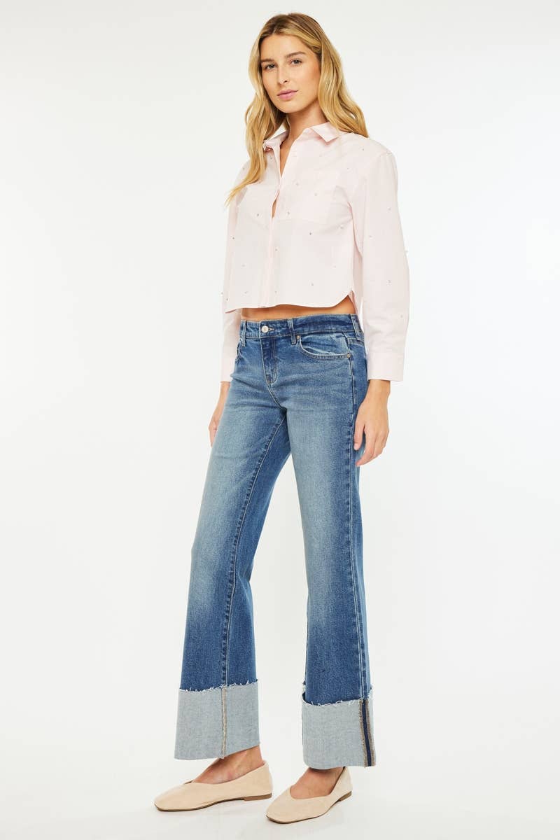 Mid Rise Wide Flare Cuffed Jeans - KC78033D - Mercantile213