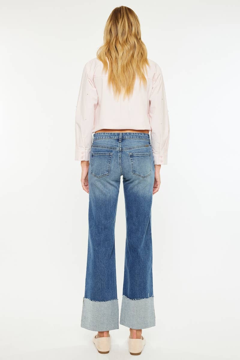 Mid Rise Wide Flare Cuffed Jeans - KC78033D - Mercantile213